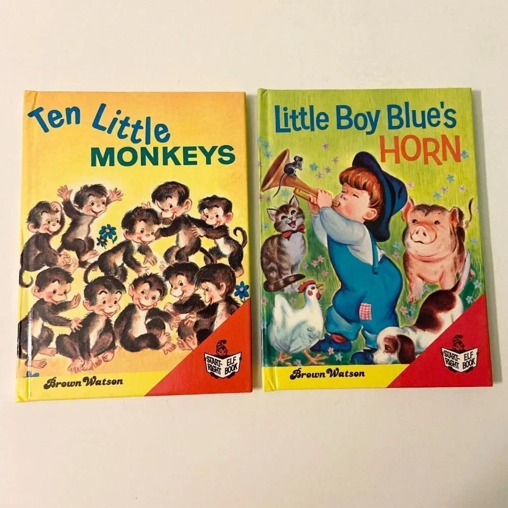 Vintage 1980 Start Right Elf Books Ten Little Monkeys and Little Boy Blues Horn